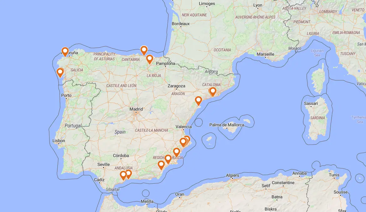 Mappa delle spiagge nudiste in Spagna